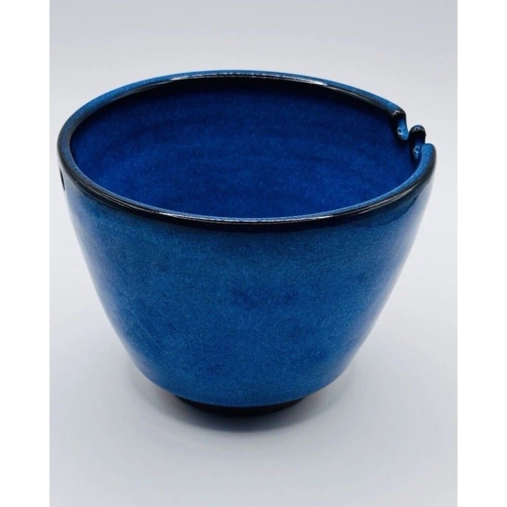 Handmade Blue Pottery Yarn Bowl Ceramic Knitting Crochet Bowl Rustic Studio Art - Picture 4 of 8